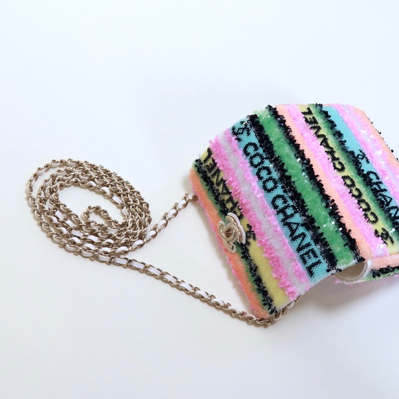 ❌SOLD❌Chanel Mini Multicolor Minaudiere Sequin Stripe Logo Summer Leather Bag - Picture 9 of 11